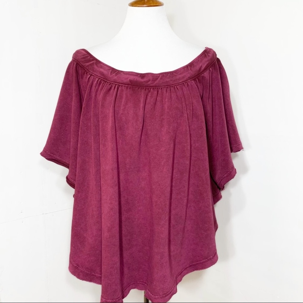 Free People Wine Draped Off The Shoulder Butterfly Sleeve Relaxed Fit Knit Top - Picture 6 of 9